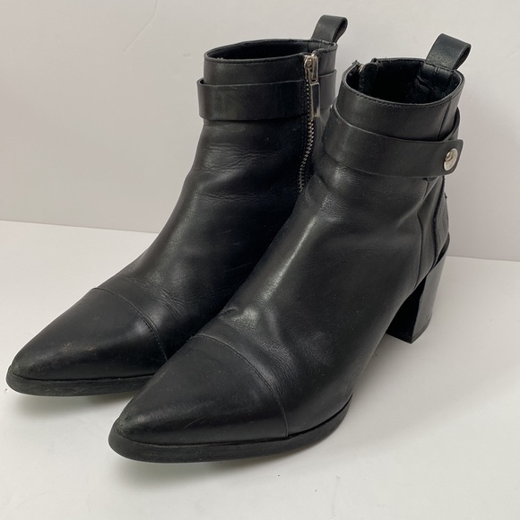 Zara Ankle Boots Women US 7.5 EU 38 Black Pointy Toe Block Heel Strap Moto Biker - Picture 5 of 16